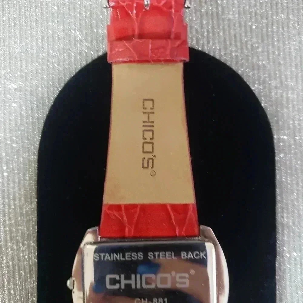 Chico's Red Leather Rhinestone Embellished Watch